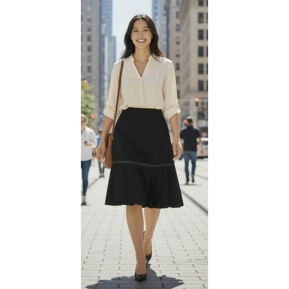 Vtg Black Pleated Hem Flare Midi Skirt Academia Preppy Whimsigoth 8 (29 Waist)